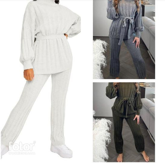 LUXE DIVA Womens Ladies Chunky Knitted High Roll Bottoms Set Loungewear Suit Tracksuit