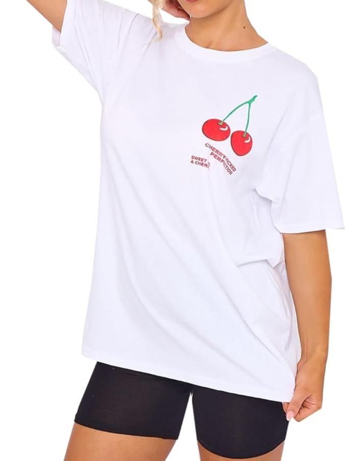 LUXE DIVA Women's Cherry Perfection Printed Oversized Top T-Shirt, Ladies Casual Short Sleeve Baggy Fit Crew Neck Summer Oversized Fruit Slogan Print Tees Shirt UK Plus Size Womenswear Lady Comfort Tshirt Streetwear Crewneck Round Neck