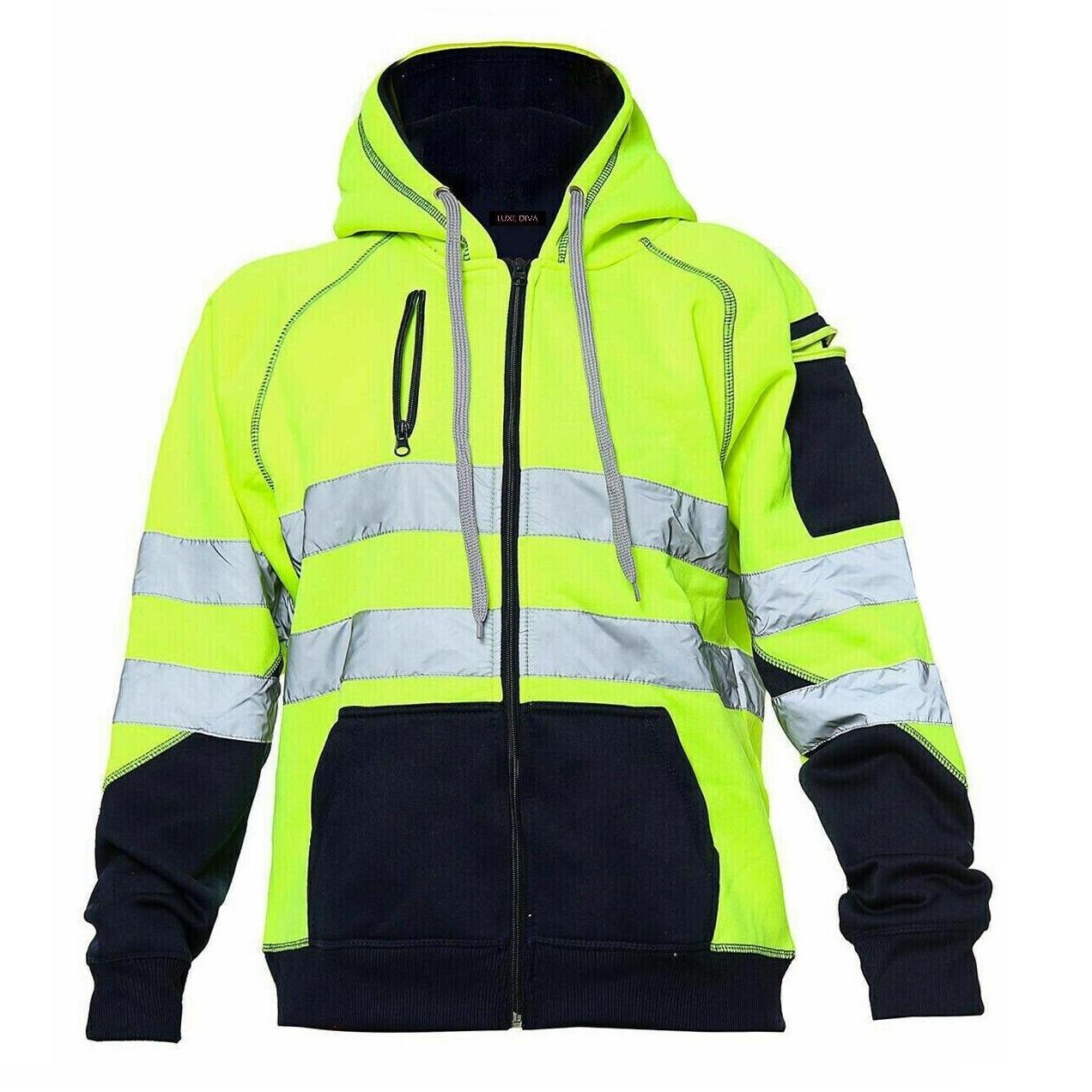 Hi Viz Vis High Visibility Jacket Hoodie Work 3 Zip Hooded SweatShirt Fleece Menswear Clothes Workwear Man Long Sleeve Top Comfy Longsleeves Underwear Uniforms