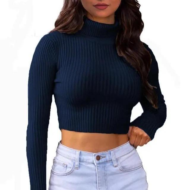 LUXE DIVA Womens Long Sleeves knitted Ribbed Polo Neck Crop Top