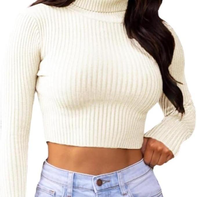 LUXE DIVA Womens Long Sleeves knitted Ribbed Polo Neck Crop Top