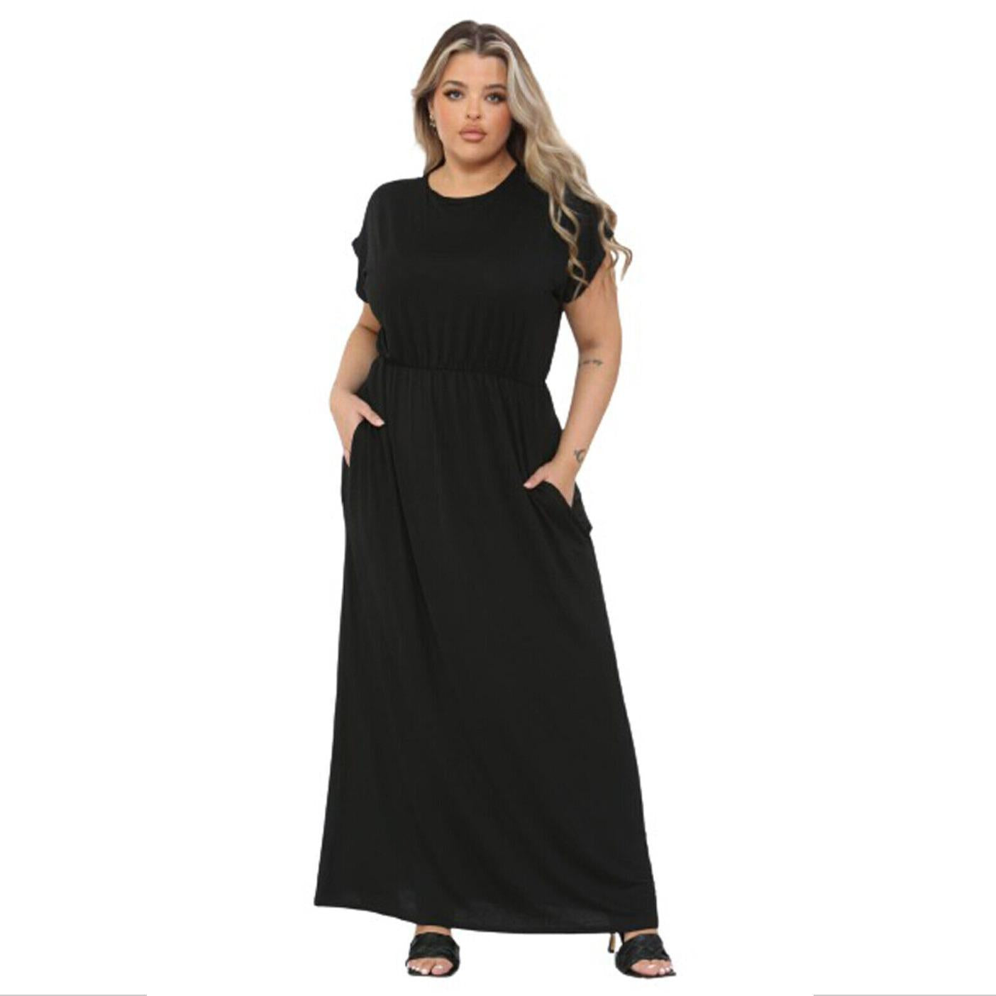 LADIES SHORT SLEEVE FULL LENGTH 2 POCKET WOMEN'S LONG MAXI DRESS PLUS SIZE UK Casual Fabric Jersey Soft Summer Womenswear Comfortable Longline