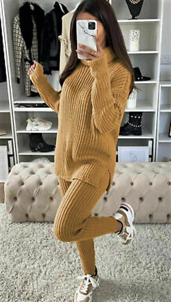 Ladies chunky knitted Ribbed polo high neck top leggings loungewear suit set