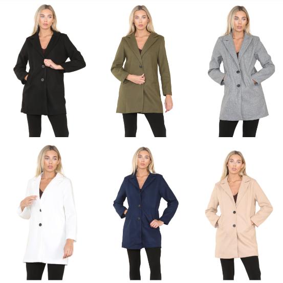 LUXE-DIVE Ladies 2 Pocket Italian Wool Look Long Sleeve Collared Front Button Jacket Coat