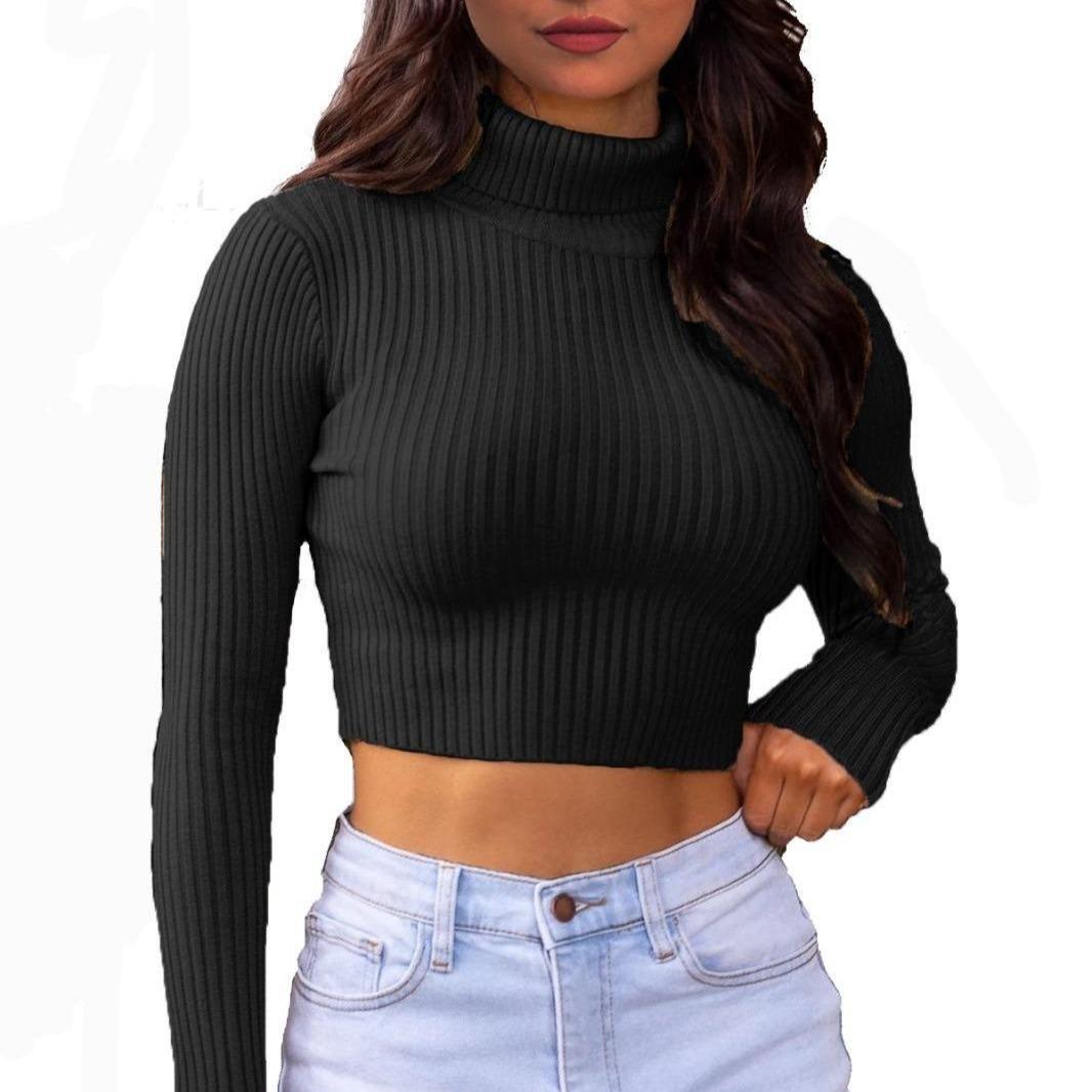 LUXE DIVA Womens Long Sleeves knitted Ribbed Polo Neck Crop Top