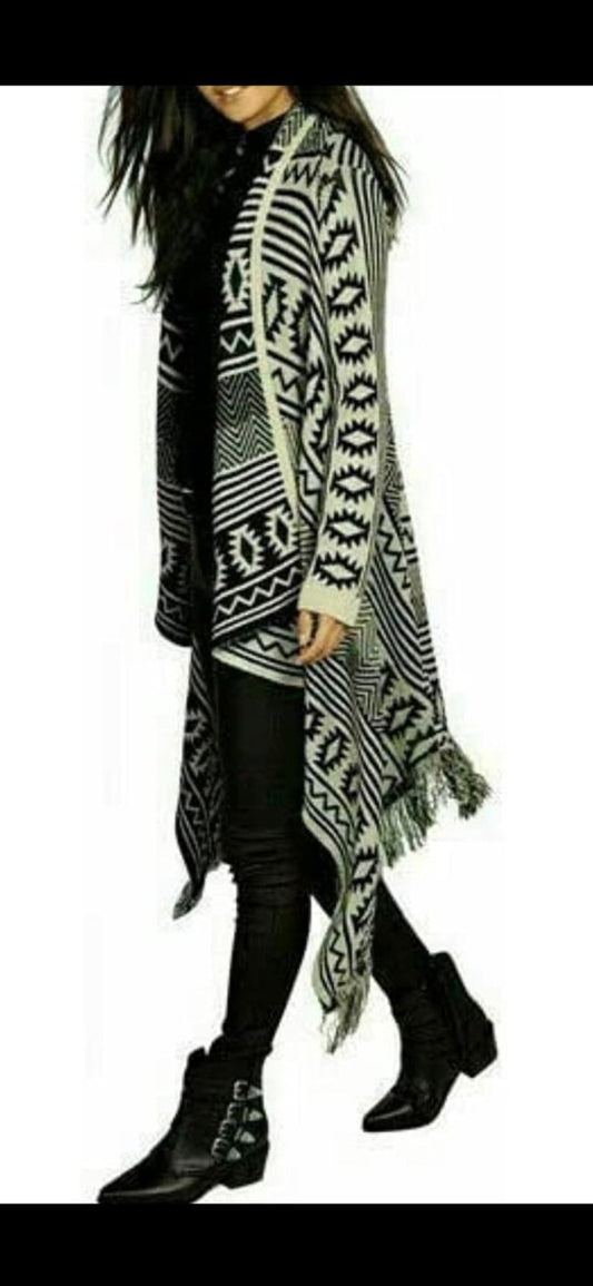 LUXE DIVA Ladies Women Long Sleeves Aztec Print Frill Waterfall Knitted Cardigan 8-16