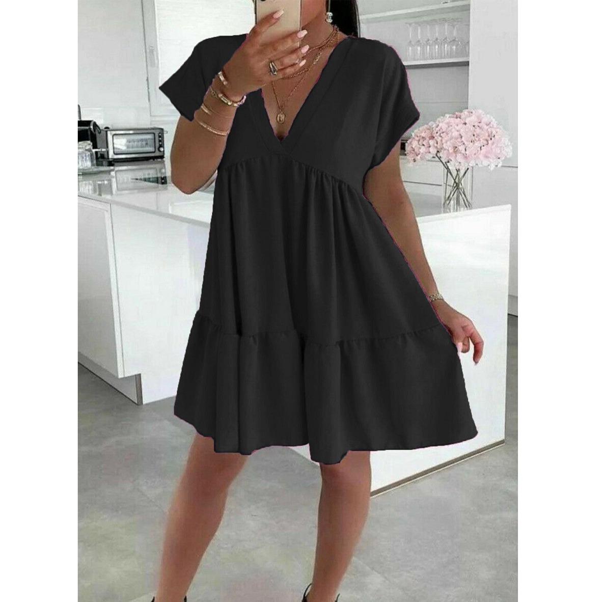 Women's V-Neck Frill Layered Pleated Summer Beach Smock Swing Mini Dress Top New Casual Fabric Short Womenswear Ladies Underwear Lady Casual Wear