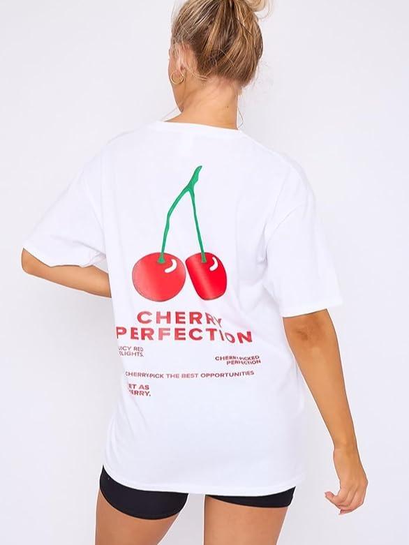 LUXE DIVA Women's Cherry Perfection Printed Oversized Top T-Shirt, Ladies Casual Short Sleeve Baggy Fit Crew Neck Summer Oversized Fruit Slogan Print Tees Shirt UK Plus Size Womenswear Lady Comfort Tshirt Streetwear Crewneck Round Neck