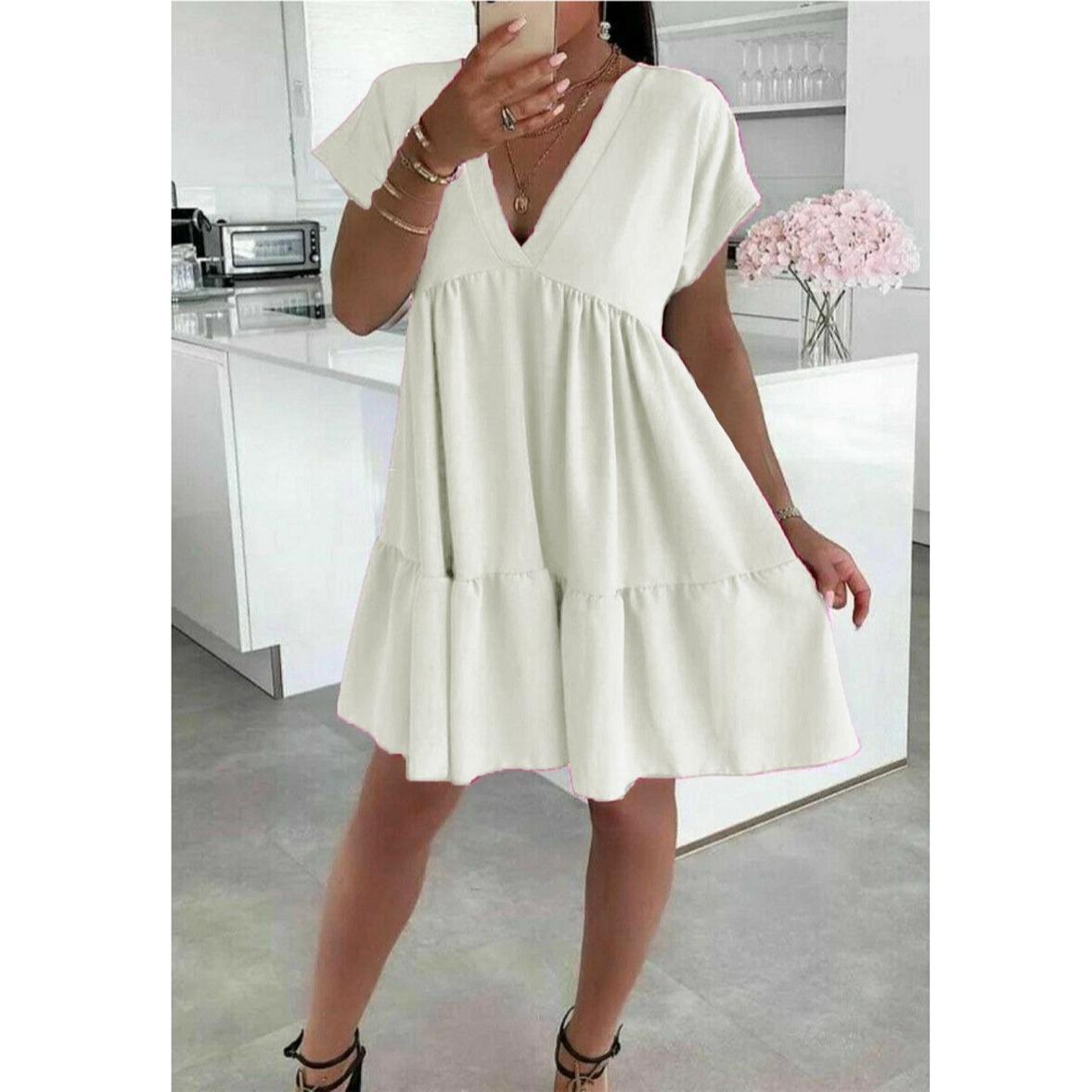 Women's V-Neck Frill Layered Pleated Summer Beach Smock Swing Mini Dress Top New Casual Fabric Short Womenswear Ladies Underwear Lady Casual Wear