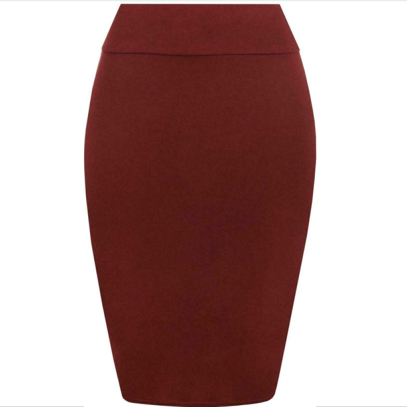 Womens Plain High Waisted Knee Length Bodycon Stretch Pencil Midi Skirt 8-14