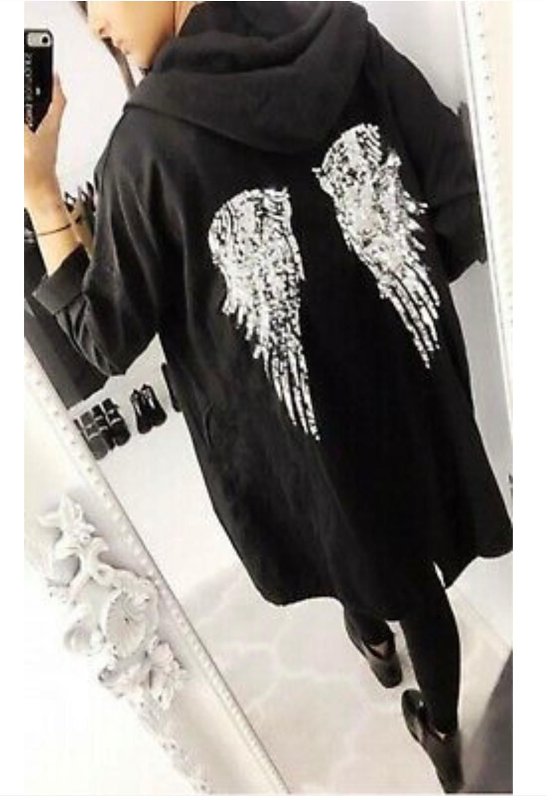 women sequin angel wing back oversized hoodie sweatshirt jacket coat cardigan