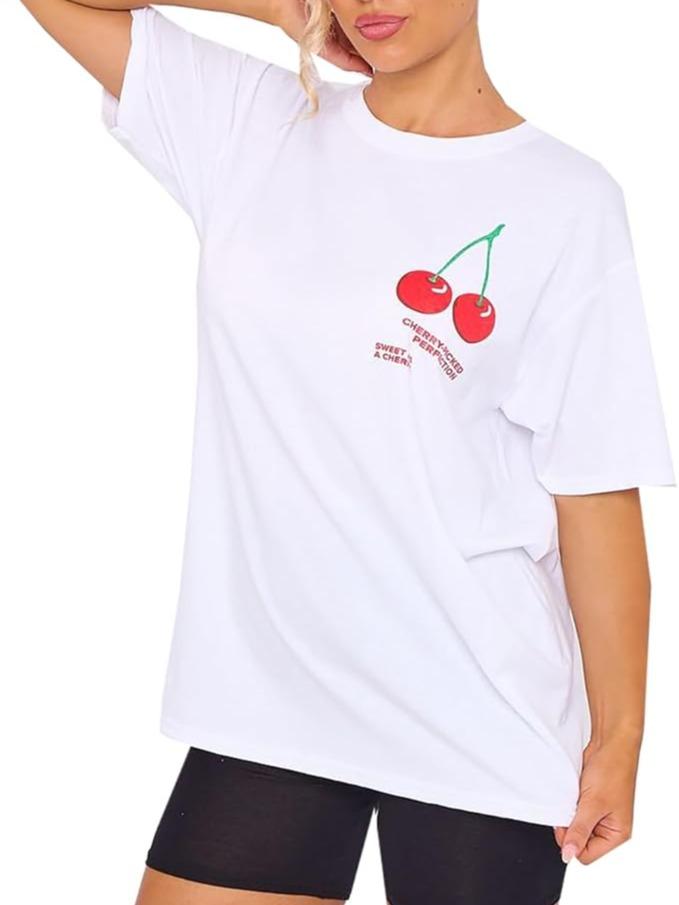 LUXE DIVA Women's Cherry Perfection Printed Oversized Top T-Shirt, Ladies Casual Short Sleeve Baggy Fit Crew Neck Summer Oversized Fruit Slogan Print Tees Shirt UK Plus Size Womenswear Lady Comfort Tshirt Streetwear Crewneck Round Neck