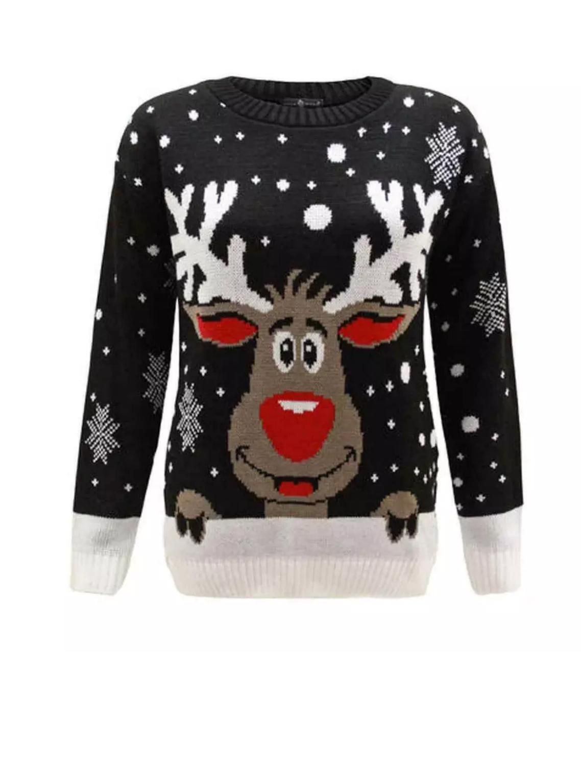 LUXE DIVA Women's Knitted Rudolph on wall Xmas Snowflake Ladies kids Reindeer Pom Jumpers