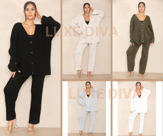 Womens Knitted Loungewear Sets Ladies Plain Chunky 4 Button Casual Winter Warm Oversized Baggy Loose Fit Ladies 2 Piece Tracksuits UK 8-14