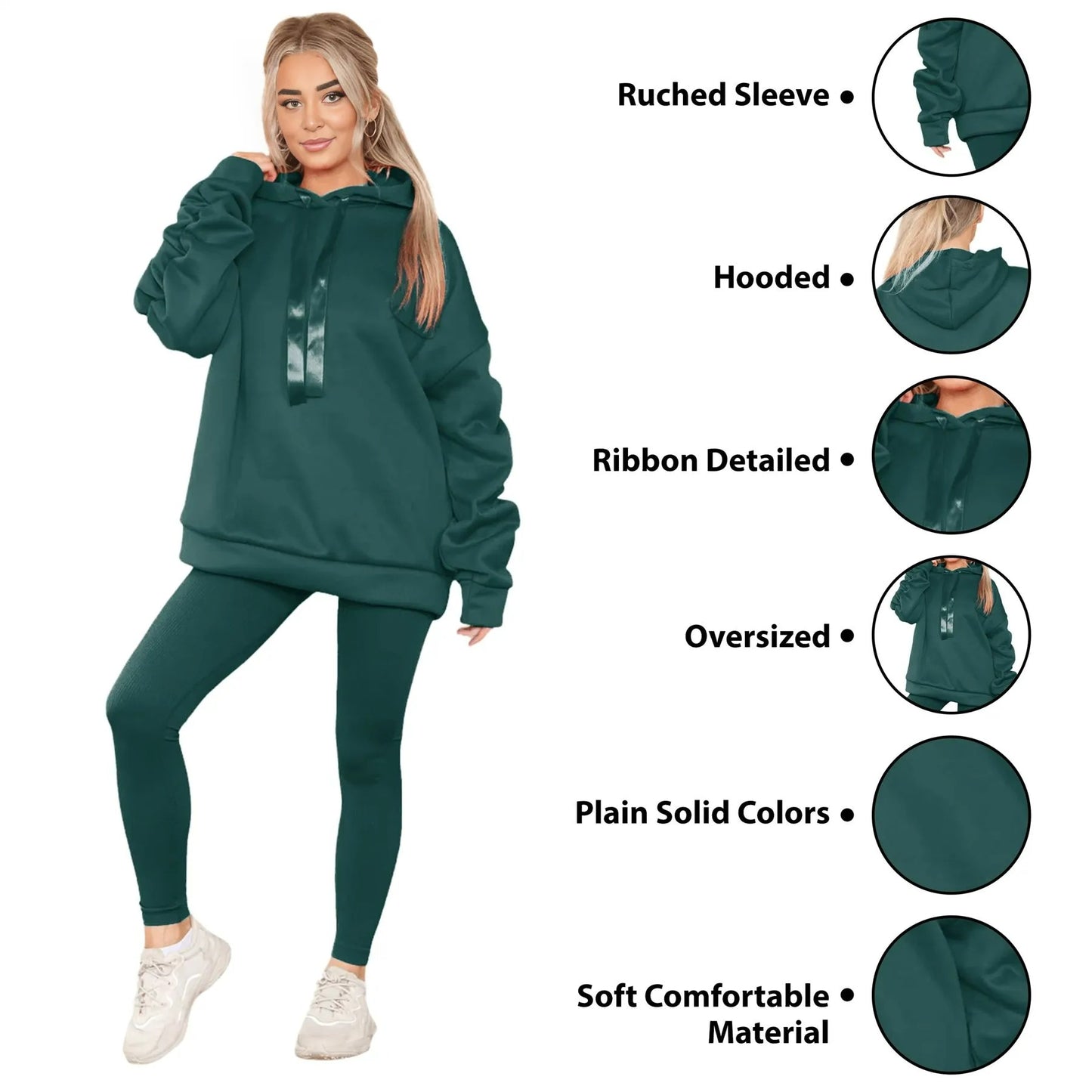 Womens Ladies Ruched Sleeve Fleece Hoodie Oversized Hooded Sweatshirt Jumper Top