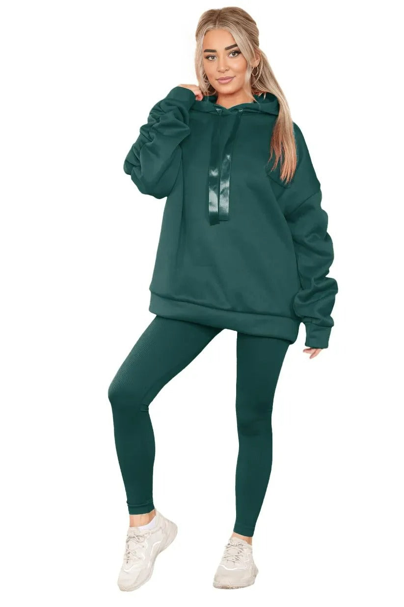 Womens Ladies Ruched Sleeve Fleece Hoodie Oversized Hooded Sweatshirt Jumper Top