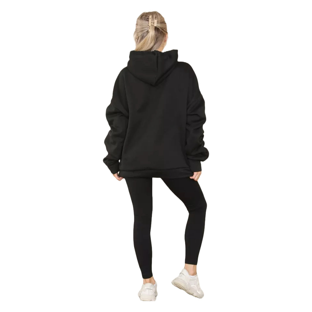 Womens Ladies Ruched Sleeve Fleece Hoodie Oversized Hooded Sweatshirt Jumper Top