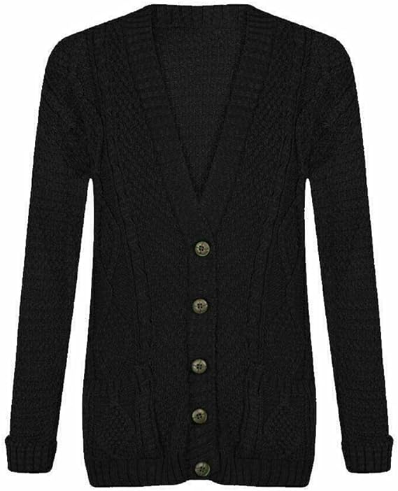 New Womens Everyday Long Sleeve Button Top Ladies Chunky Aran Cable Knit Grandad Cardigan UK Size 8-14