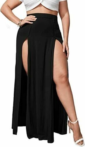 Womens Long Double Split High Waist Ladies Plain Jersey Stretch Two Side Slit Maxi Skirt