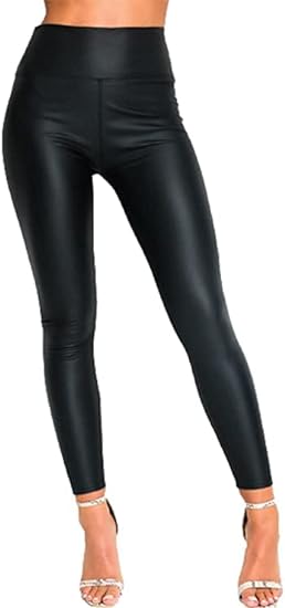 Women Sexy Wet Look Mat Full Length Black Biker Leggings Ladies High Rise Elasticated Waist Faux Leather Coated Stretchy Pants