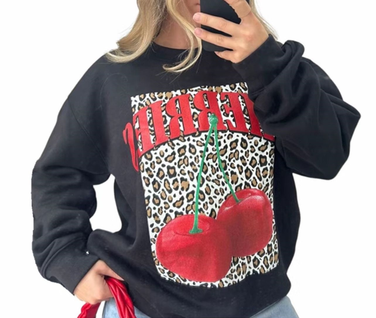 LUXE DIVA Ladies Long Sleeve Cherries Leopard Print Sweatshirt