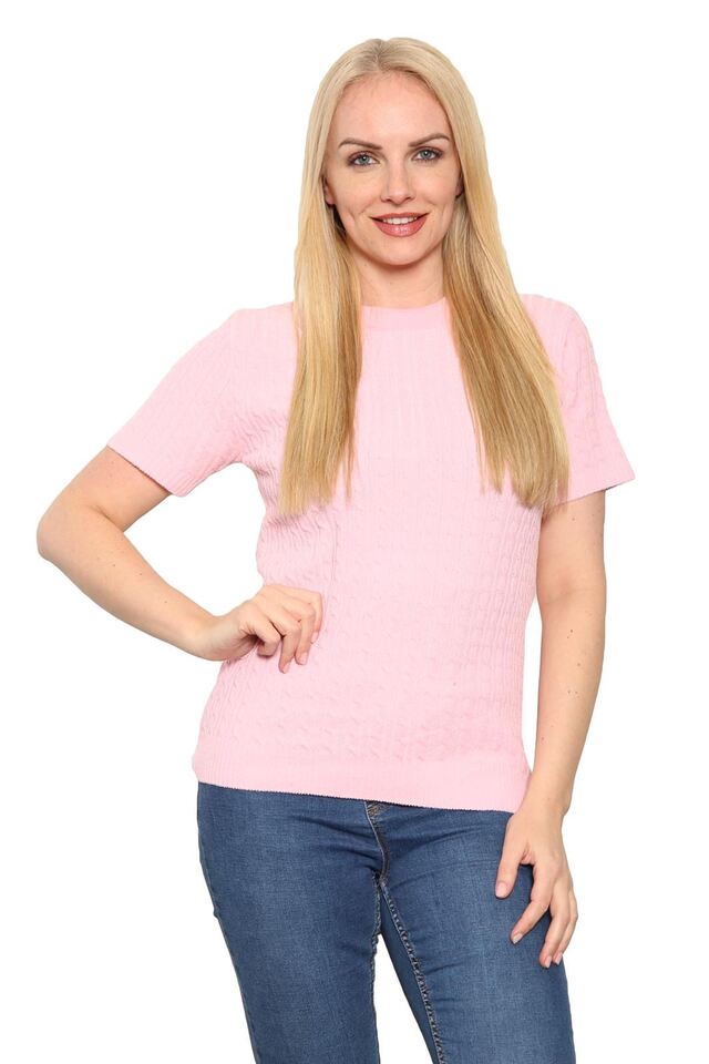 Womens Cable Knitted Jumper Short Sleeve Crew Neck Soft Smooth Warm Pullover Top