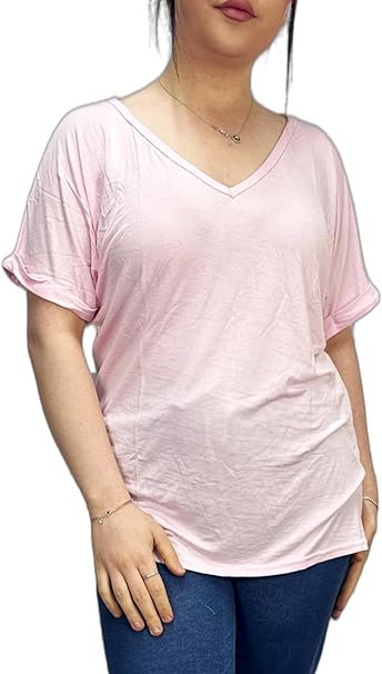 Women's New Plus Size Womens Short Turn Up Sleeve Baggy Plain Top Ladies V-Neck T-Shirt 16-26