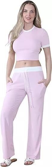 LUXEDIVA Cap Sleeve Crop Top White Stripe Contrast Pocket White Hem Draw String Trouser Set Tracksuit