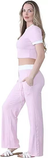 LUXEDIVA Cap Sleeve Crop Top White Stripe Contrast Pocket White Hem Draw String Trouser Set Tracksuit