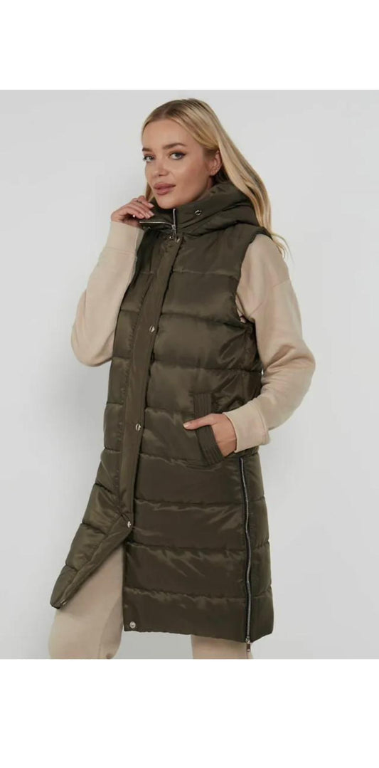 Women Long Line Hooded Puffer Gilet Jacket Padded Vest Body Warmer Top