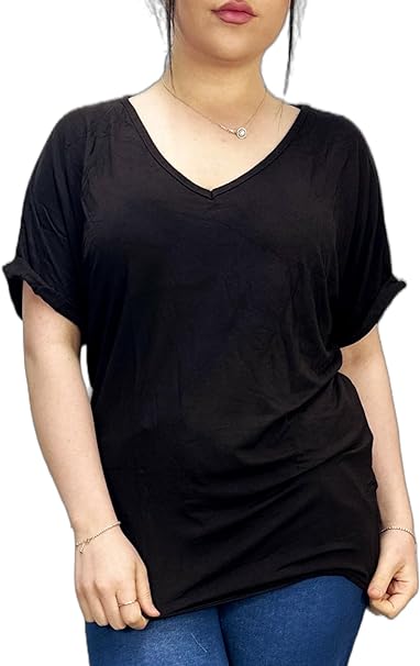 Women's New Plus Size Womens Short Turn Up Sleeve Baggy Plain Top Ladies V-Neck T-Shirt 8-14