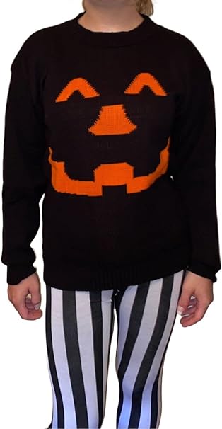 Pumpkin Face Knitted Halloween Jumper for Women in Black & Orange Round Neck Long Sleeve Top Women's Halloween Pumpkin Face Knitted Jumper Ladies Plus Size Sweater UK 8-22