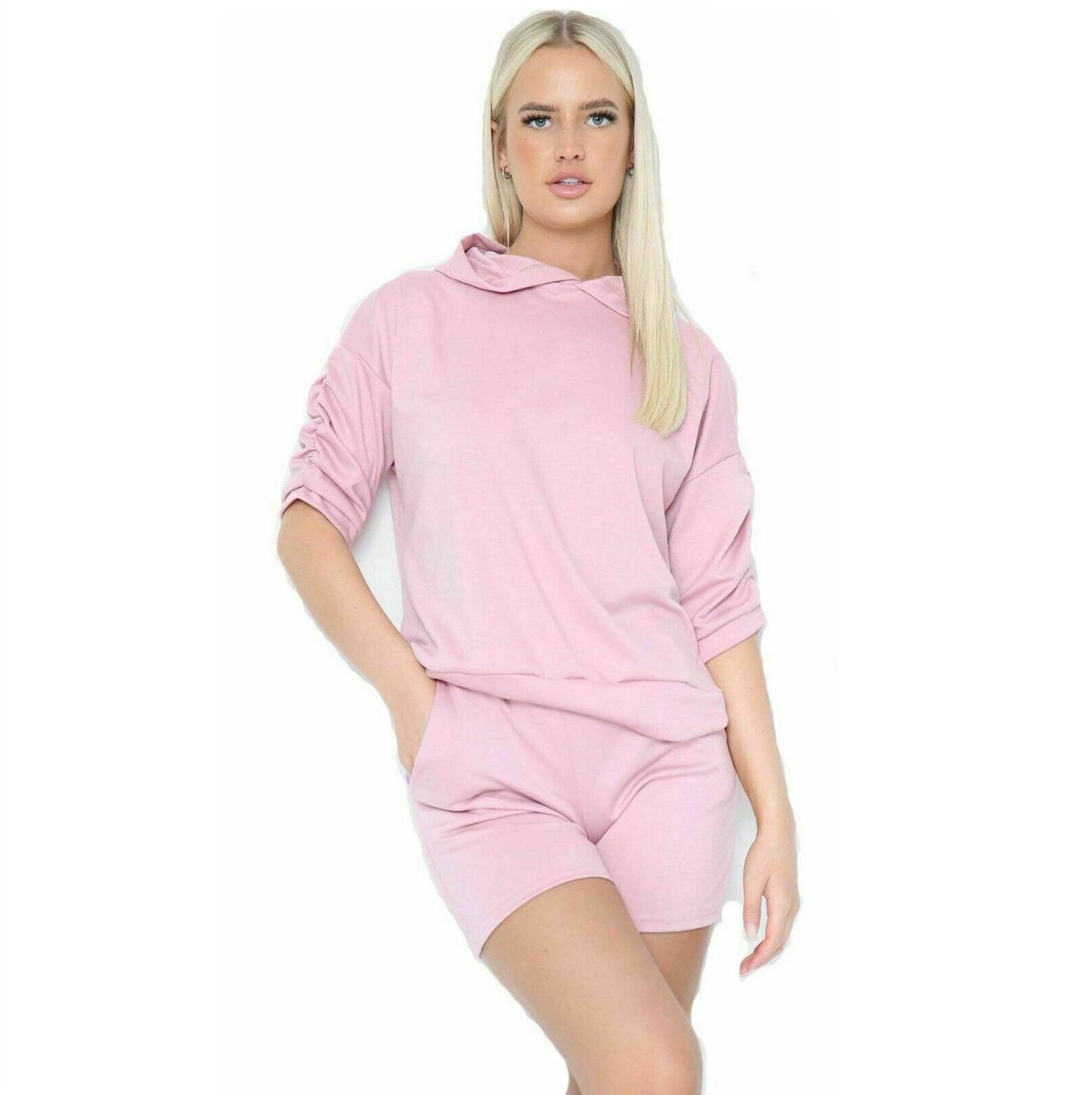 Womens Ruched Sleeve Hooded Top And Pocket Shorts Leisure Wear Co-Ord Set - Adult 2 PCS Summer Activewear Hoodie & Hotpants Loungewear Tracksuit UK Size 8-18