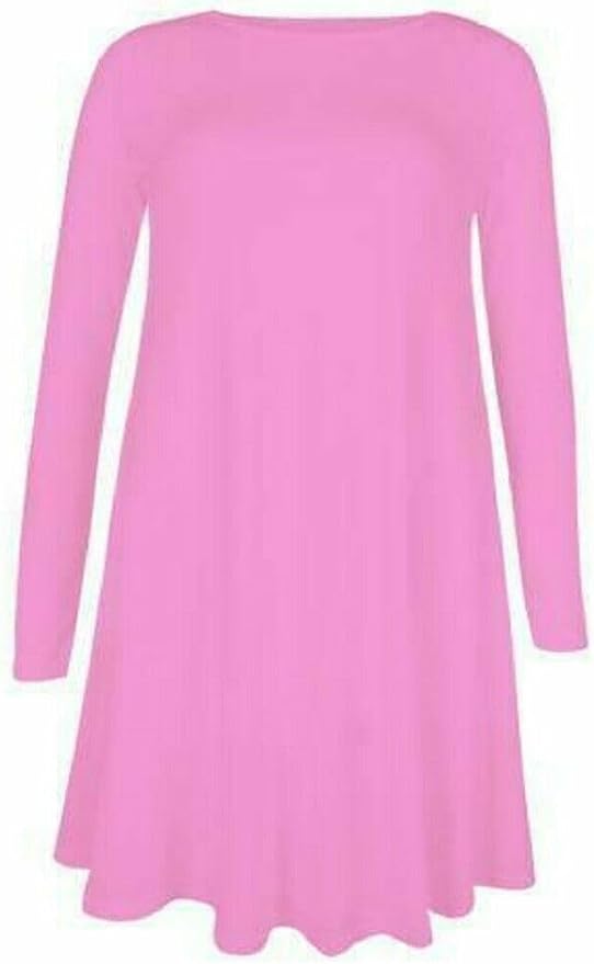 Womens Plain Long Sleeve Stretch A Line Skater Flared Swing Dress Top