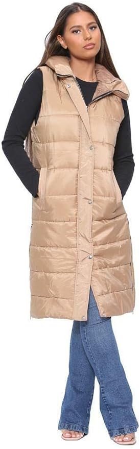 Ladies Padded Gilet Longline Hooded Jacket Quilted Winter Wear Long Hooded Side Split Puffer Gilet Long Body Warmer Coat Women's Gilet Jacket Zip Up Vest Waistcoat Size S-3XL