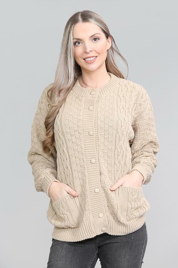 Womens Cable Knit Crew Neck Cardigan Ladies Knitted Pocket Front Button Up Aran Long Sleeve Sweater UK 8-22