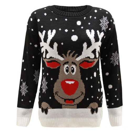 LUXE DIVA Women's Knitted Rudolph on wall Xmas Snowflake Ladies kids Reindeer Pom Jumpers