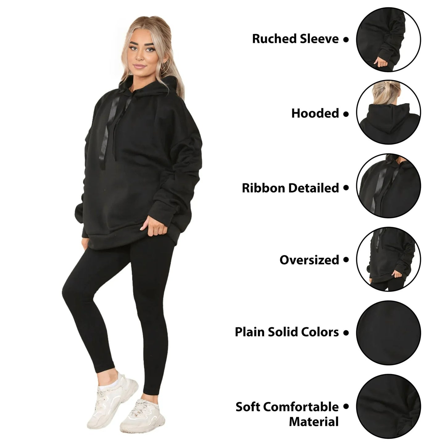 Womens Ladies Ruched Sleeve Fleece Hoodie Oversized Hooded Sweatshirt Jumper Top