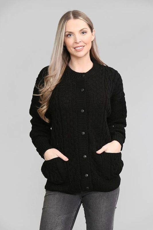 Womens Cable Knit Crew Neck Cardigan Ladies Knitted Pocket Front Button Up Aran Long Sleeve Sweater UK 8-22