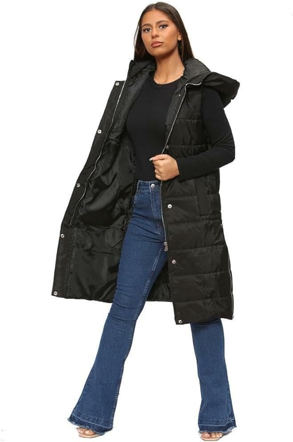 Ladies Padded Gilet Longline Hooded Jacket Quilted Winter Wear Long Hooded Side Split Puffer Gilet Long Body Warmer Coat Women's Gilet Jacket Zip Up Vest Waistcoat Size S-3XL