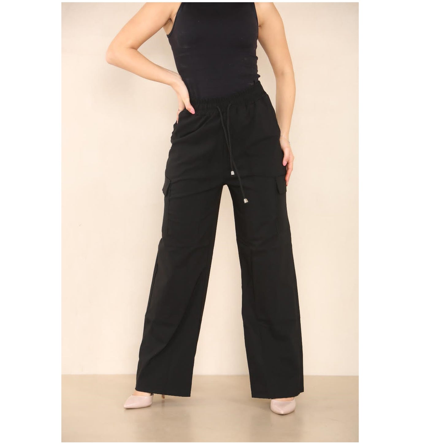 Ladies Combat Elastic Waist Band 4 Pocket Plain Wide Leg Plazzo Style Trouser