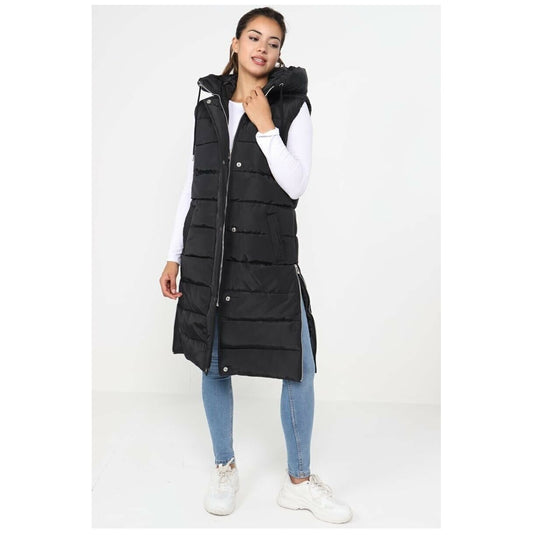 LADIES LONG HOODED PUFFER GILET PADDED BODY WARMER SIDE POCKET SIZE 8-26