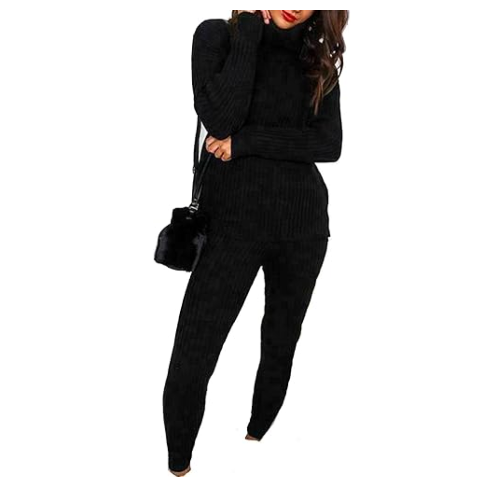 LUXE DIVA Ladies Chunky Knitted Ribbed Polo High Neck Top Set Womens Leggings Loungewear Joggers Tracksuit0