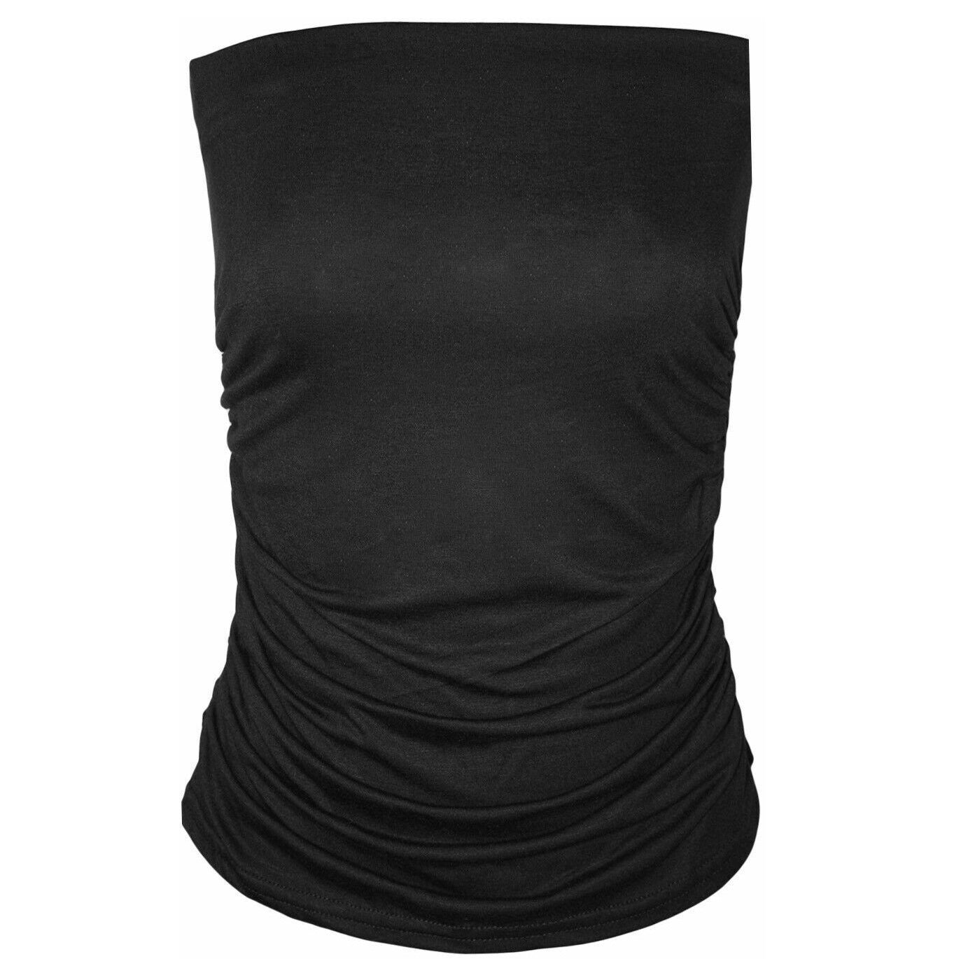 Womens Plain Strapless Sleeveless Ruched Boob Tube Vest Top Ladies Bandeau Top - Sizes 16-26