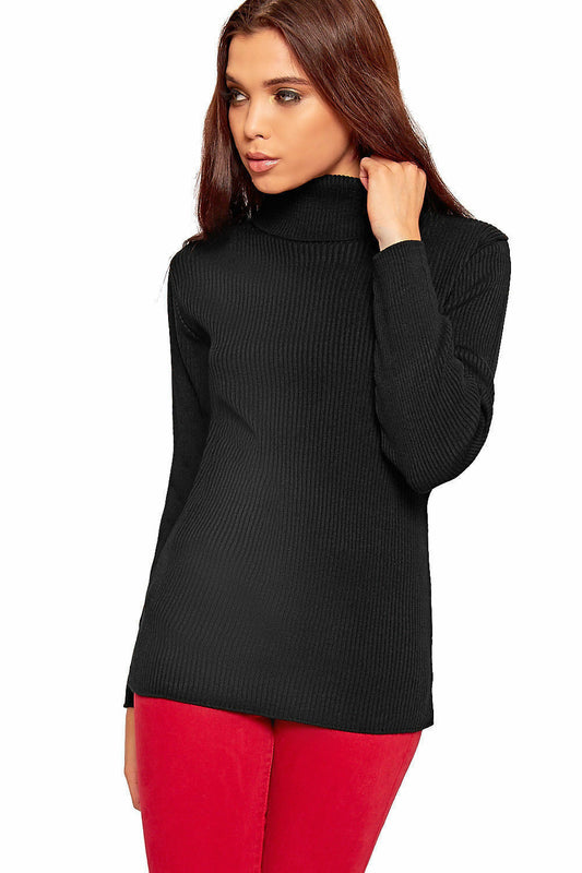 Plus Size Ladies High Polo Roll Neck Long Sleeve Ribbed Knitted Jumper Sweater