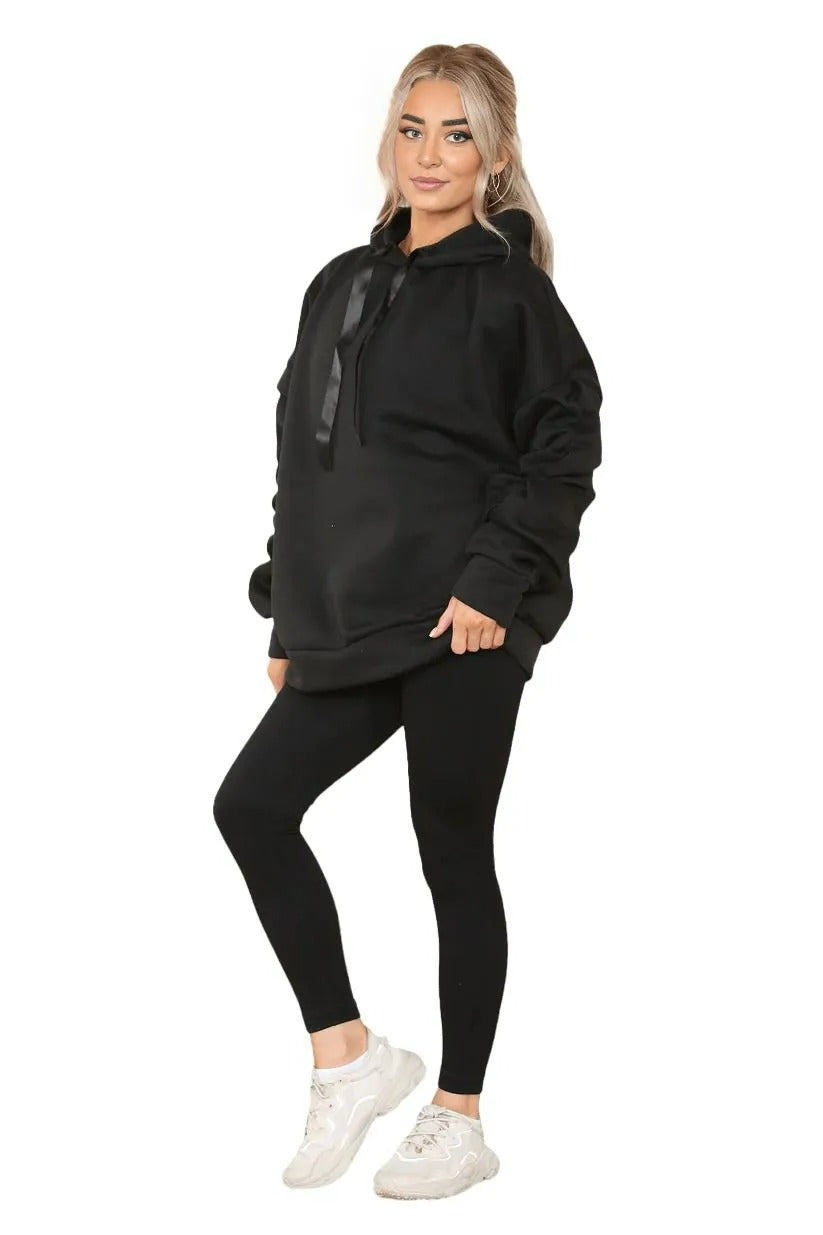 Womens Ladies Ruched Sleeve Fleece Hoodie Oversized Hooded Sweatshirt Jumper Top