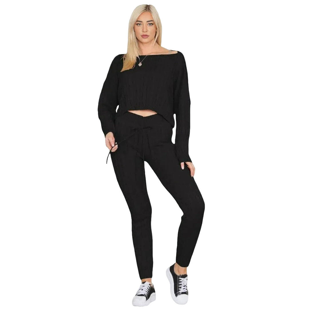 Womens Loungewear Ladies Cable Knitted Top Bottom Two Piece Co-Ords Set Tracksuit Sizes 8-14