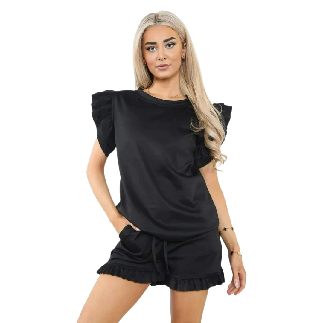 Women's Ribbed Frill Peplum Short and Top Set - Ladies Co-Ord 2 Pcs Summer Longwear Tracksuit UK Plus Size 8-22