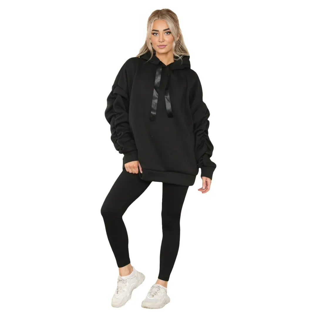 Womens Ladies Ruched Sleeve Fleece Hoodie Oversized Hooded Sweatshirt Jumper Top