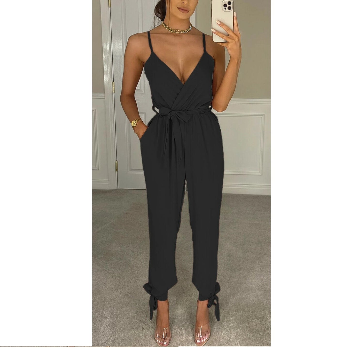 LUXE DIVA Women's V Neck Wrap Over Ankle Tie Waist Jumpsuit Ladies Harem Wide Leg Playsuit